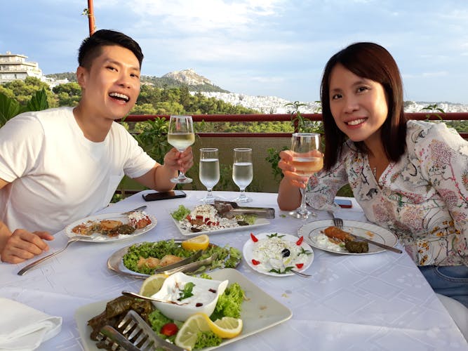 Rooftop seafood dinner with an Acropolis view
