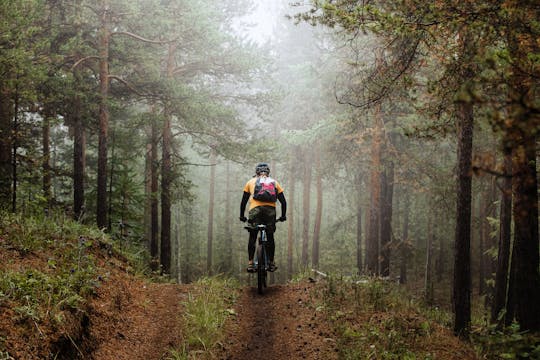 Aventura de bicicleta de montanha na floresta sueca