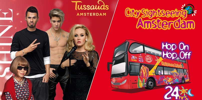 Amsterdam Madame Tussauds fast track entry and 24-hour hop-on-hop-off bus ticket