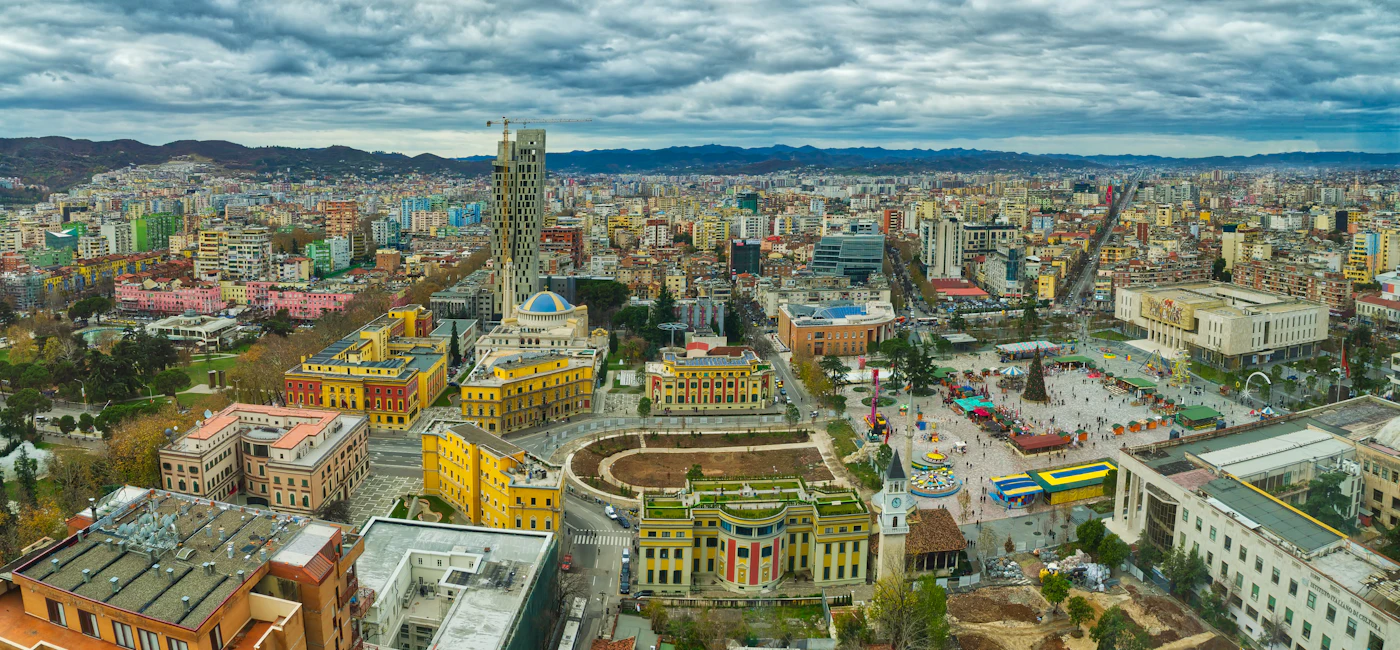 Aerial view of Tirana city centre with Skanderbeg Square and colourful buildings