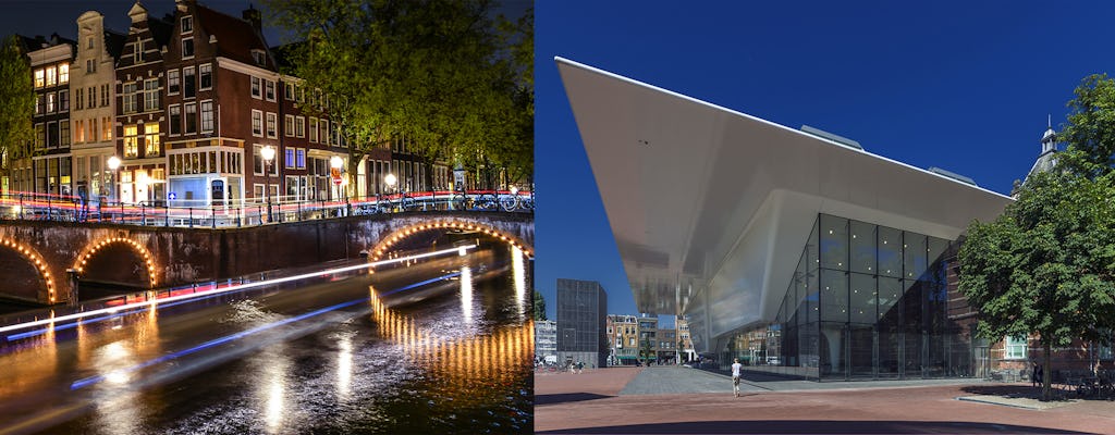 Amsterdam cruzeiro canal cidade com snackbox e bilhete de Stedelijk Museum