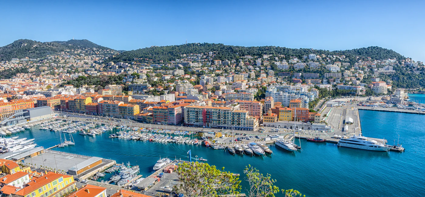 Panoramic view of Nice harbour and coastline on the French Riviera