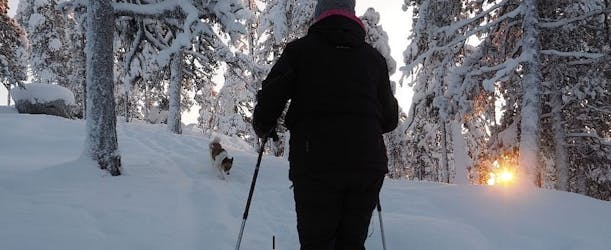 Caminhada de inverno com raquetes de neve explorando a floresta com um biólogo local