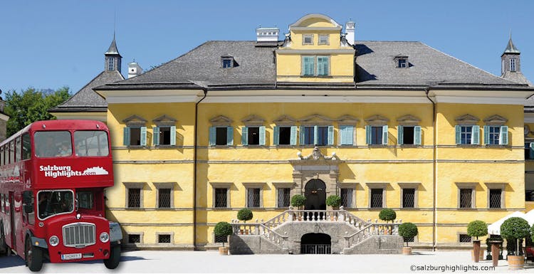 Boat trip to Hellbrunn Palace with trick fountain and London double-decker bus