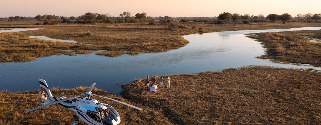 Okavango Delta private helicopter tour with gin & tonic bush stop