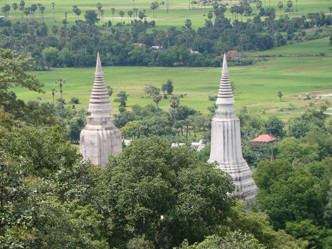 Phnom Penh countryside tour view near Oudong with stupas and green Cambodian landscape