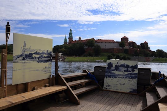 Historical wooden boat night cruise on Vistula river in Krakow