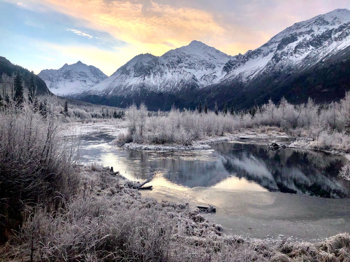 Chugach State Park winterwandeling door vallei en bos