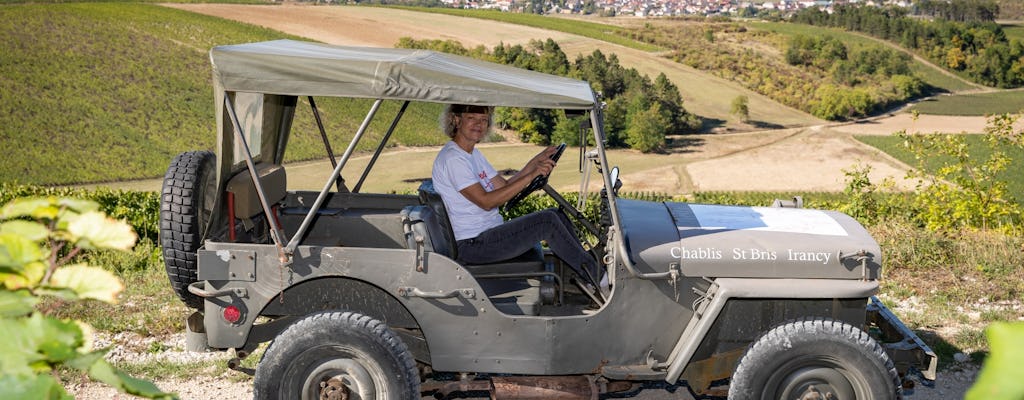Willys jeeprit in de Chablis-wijngaard en Chablis-proeverij
