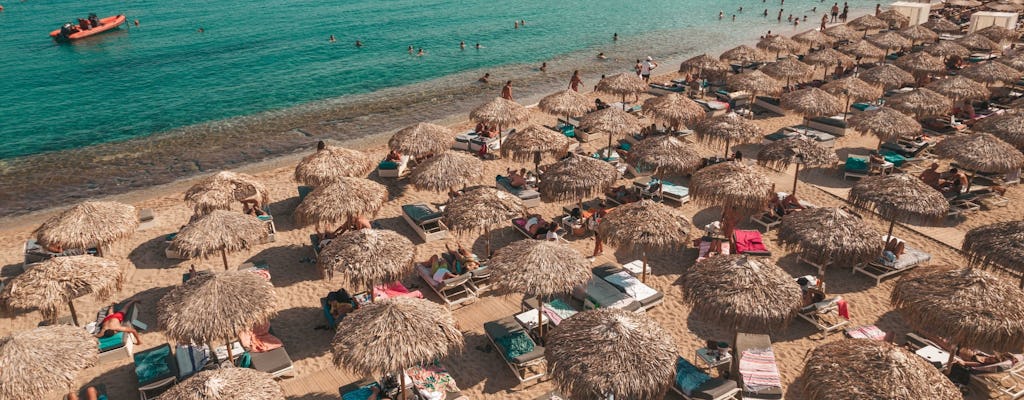 Middle rows seaside sunbed rental in Super Paradise Beach Mykonos