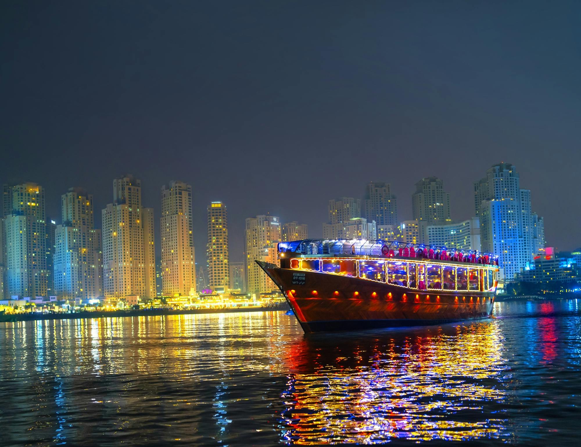 Dubai Marina royal dinner dhow cruise with optional transfer
