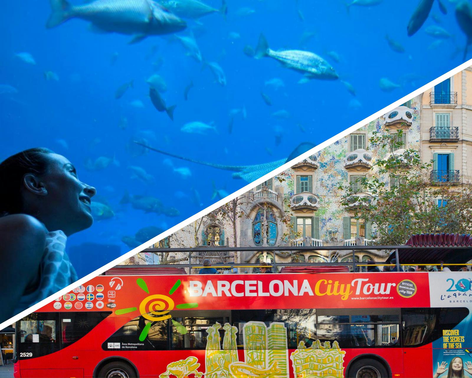 Barcelona city tour hop-on hop-off bus tickets with Aquarium