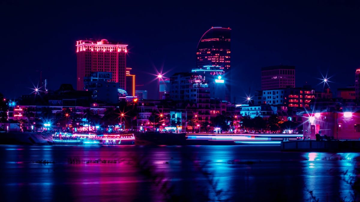 Phnom Penh skyline at night seen from the riverfront