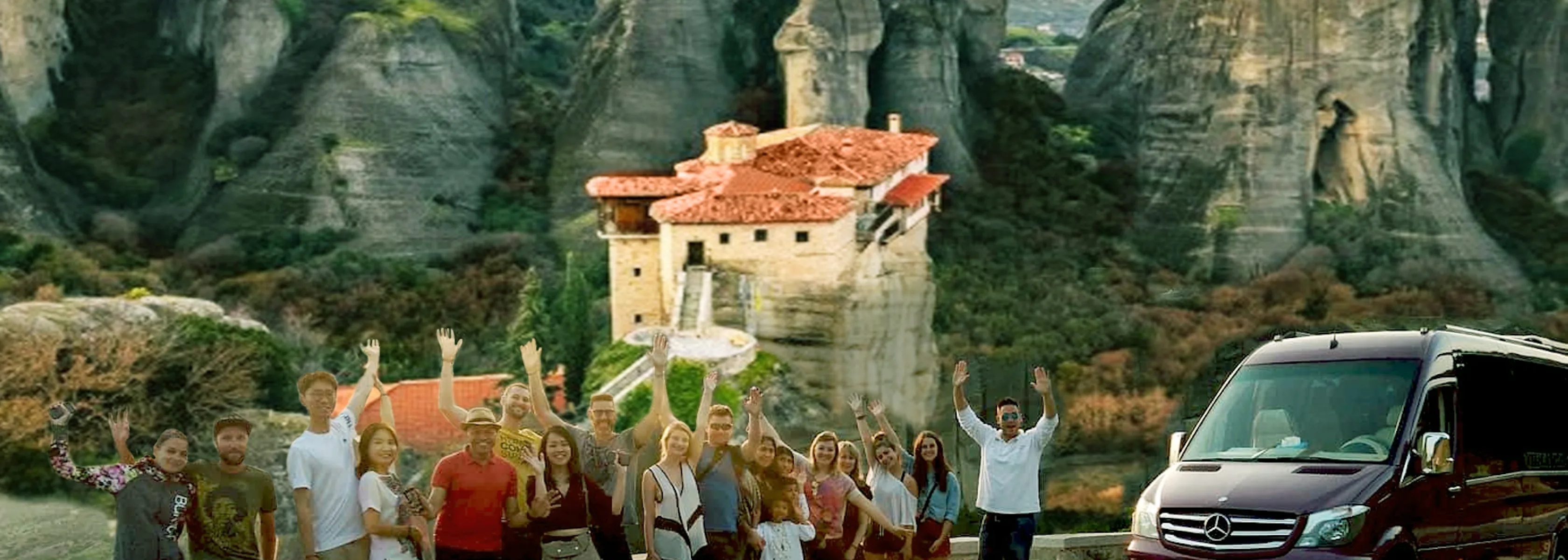 Meteora monasteries built on high sandstone rock pillars in central Greece