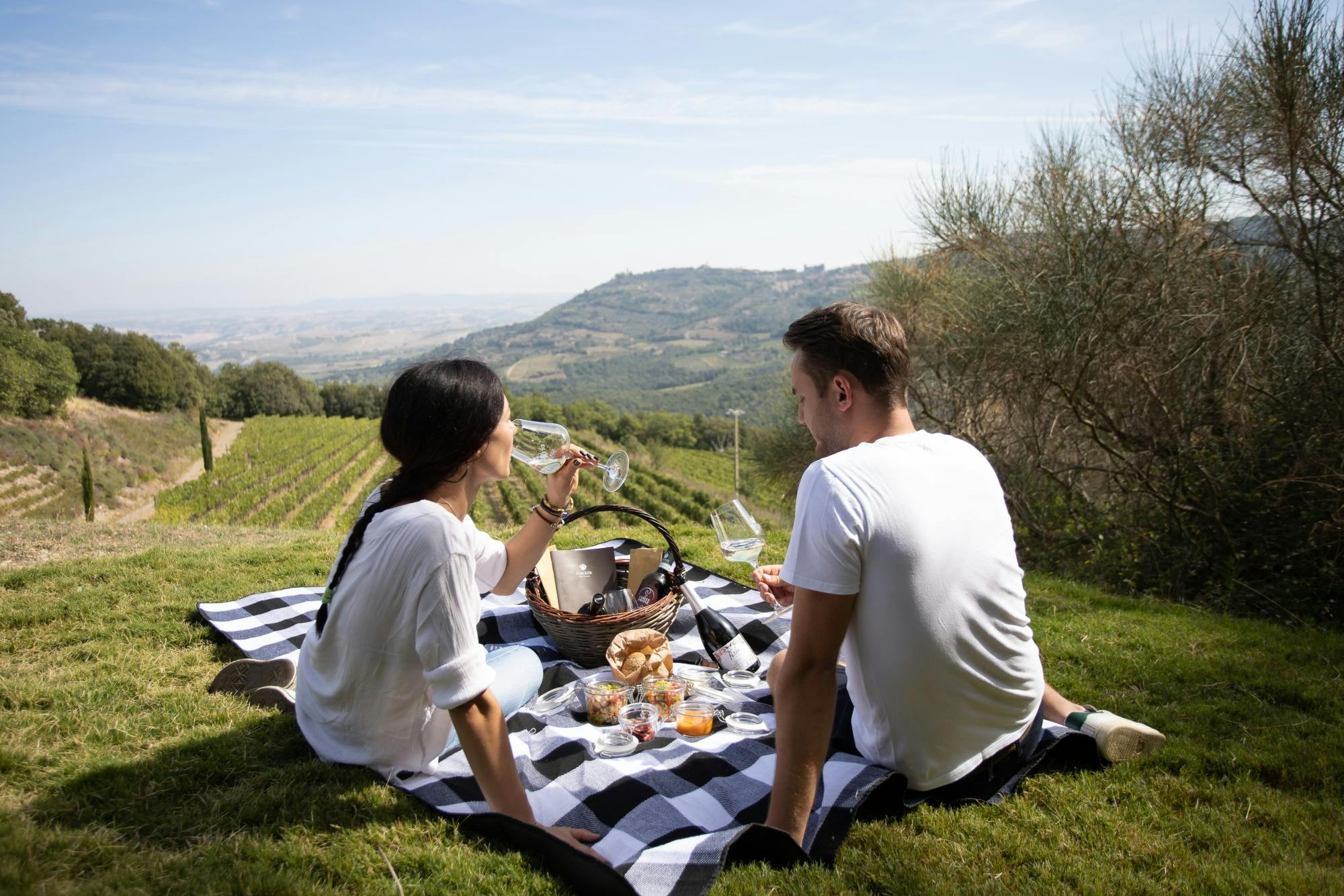 Picknick met een fles wijn in Montalcino met optionele wijntour