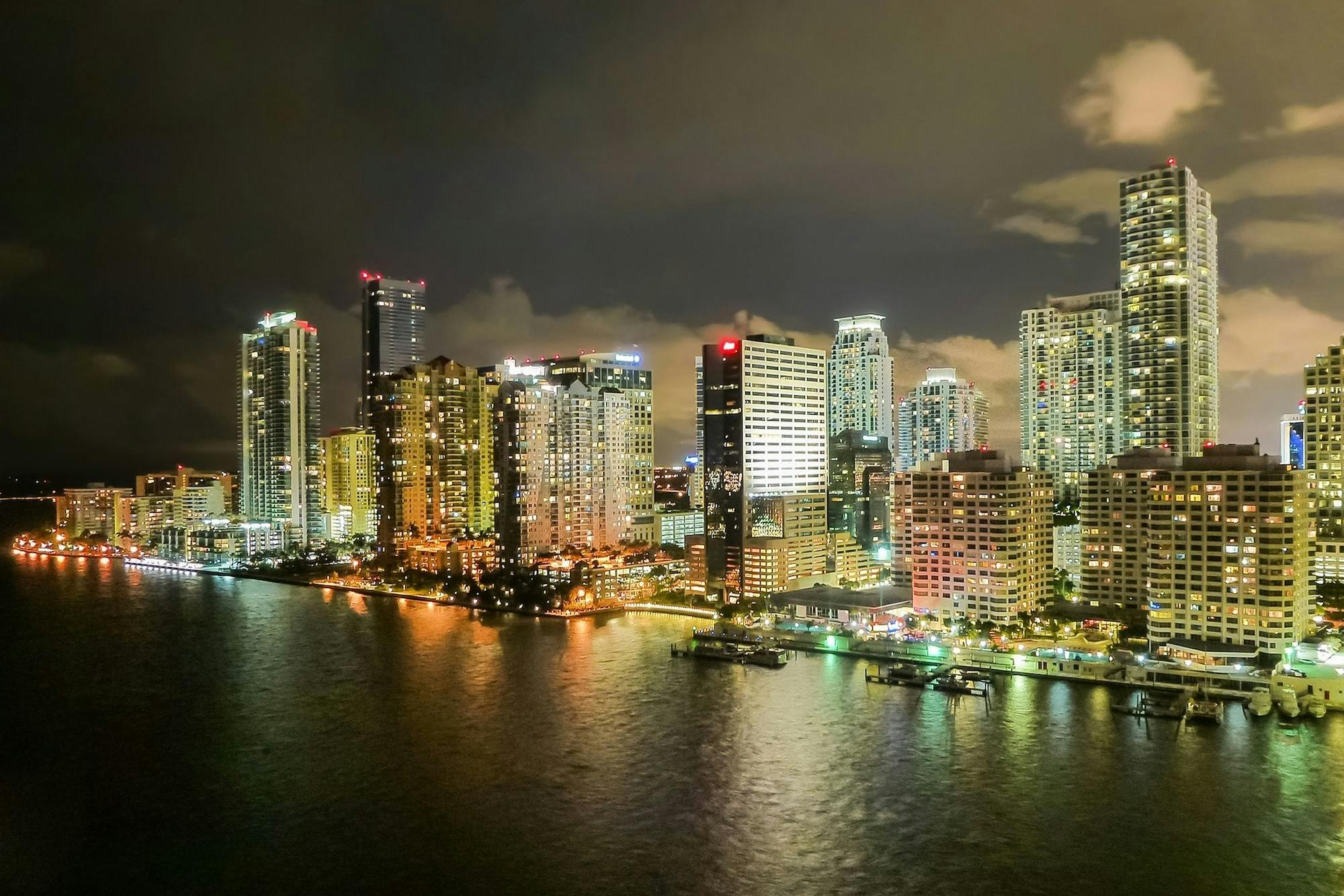 Miami skyline evening cruise of Biscayne Bay on luxury yacht