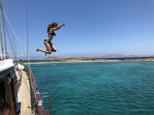 Cruzeiro de iate em Mykonos para a Ilha Rhenia e visita guiada a Delos