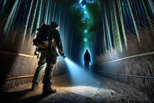 Caça fantasma na floresta de bambu Arashiyama à noite