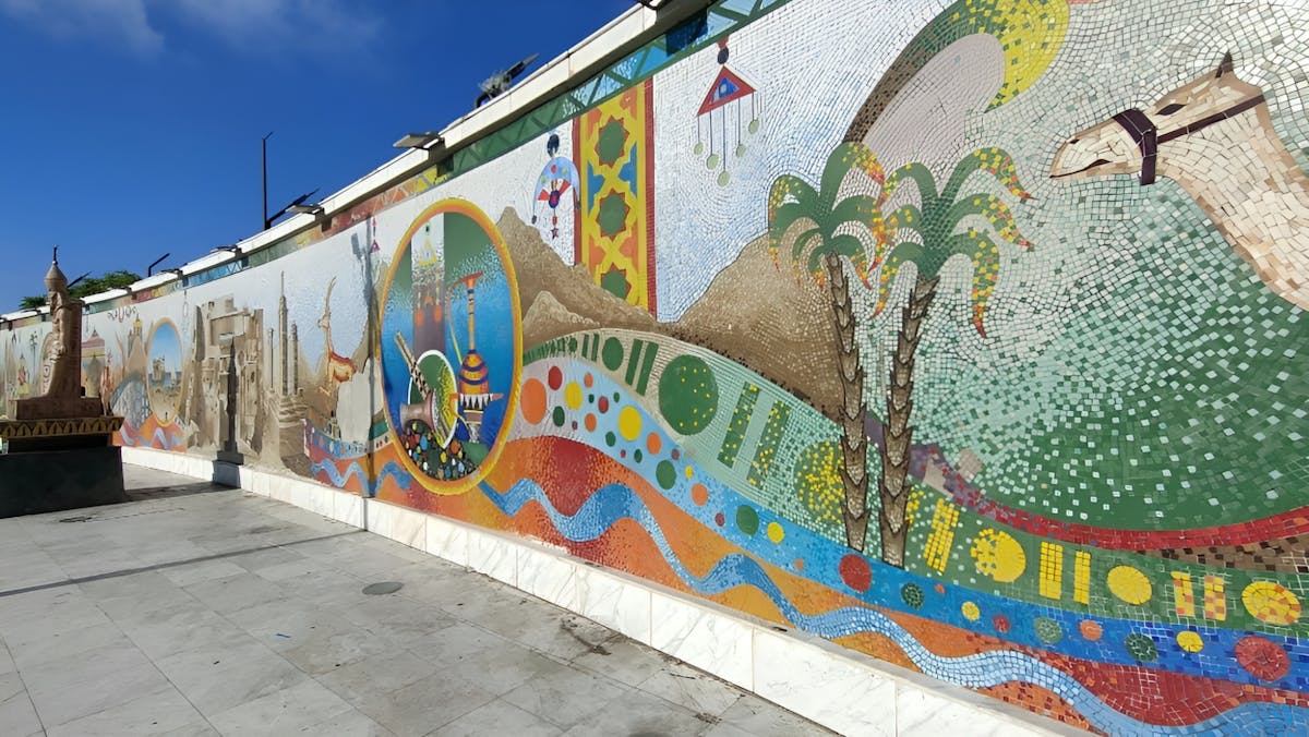 Seafront promenade mosaic and coastal scene near Mersa Matruh, Egypt