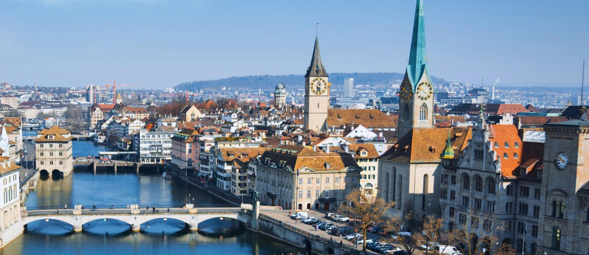 Zurich skyline and Limmat River with landmark church towers