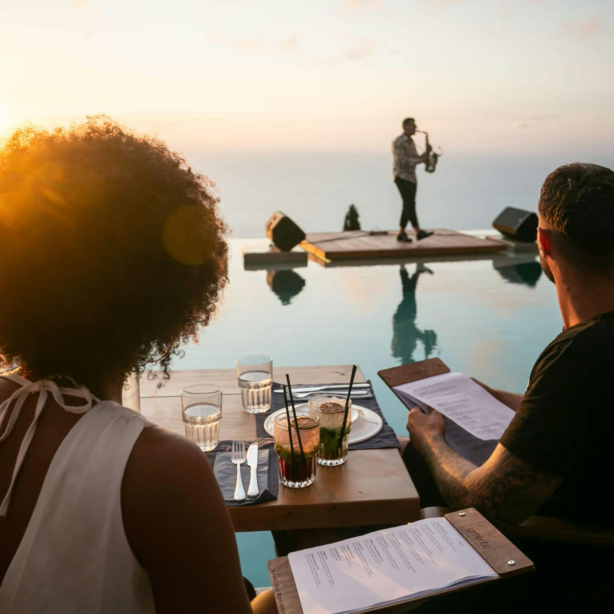 Sunset evening at Amente restaurant and bar with transfers