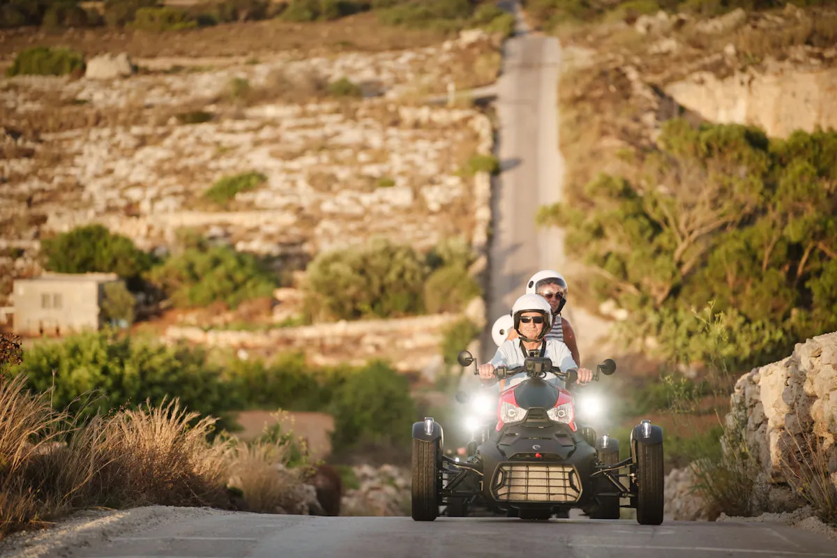 Three-wheeled motorbike guided sunset tour of Gozo in Malta