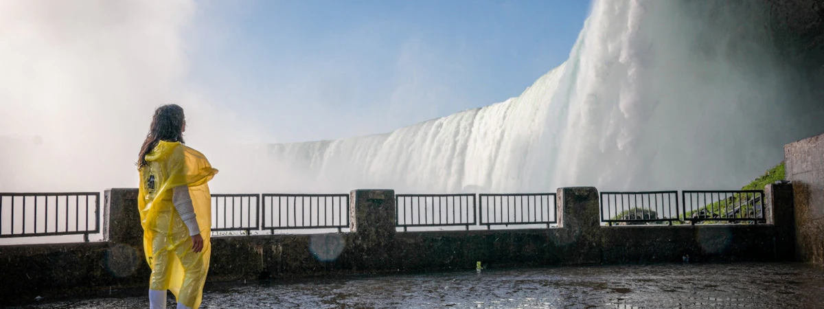 View of Niagara Falls with mist rising near the lookout railings
