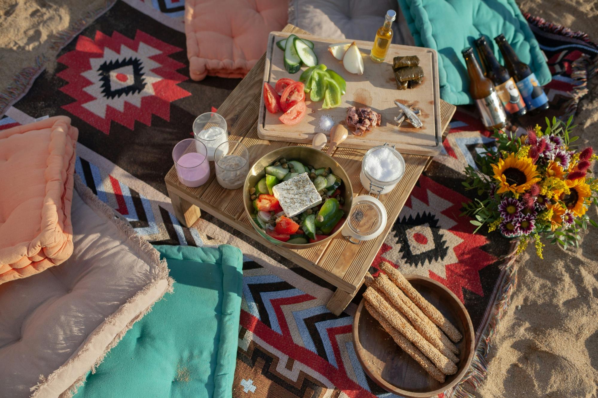 Greek meze picnic on a Mykonos beach