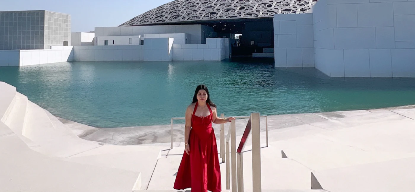 Louvre Abu Dhabi exterior and water feature on a guided day tour from Dubai