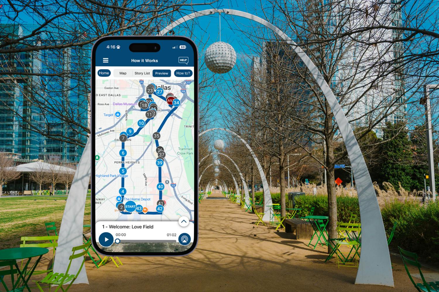 In-App Self-Guided Audio Driving Tour Around Dallas