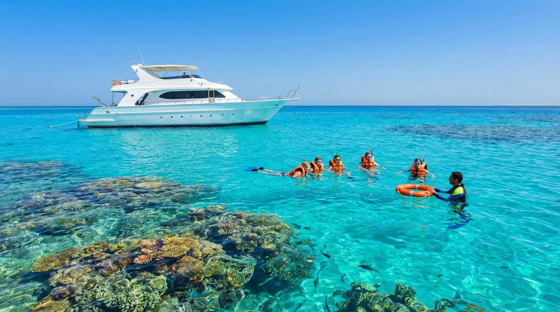 Private group snorkeling near a yacht in Hurghada Red Sea