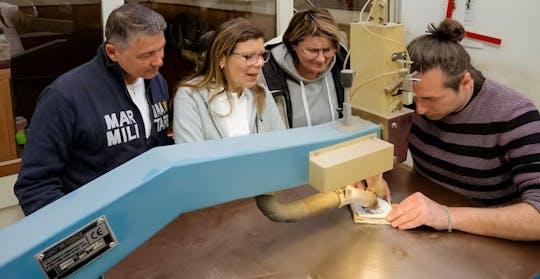 Sorrentine inlaid wood crafting workshop with artisans