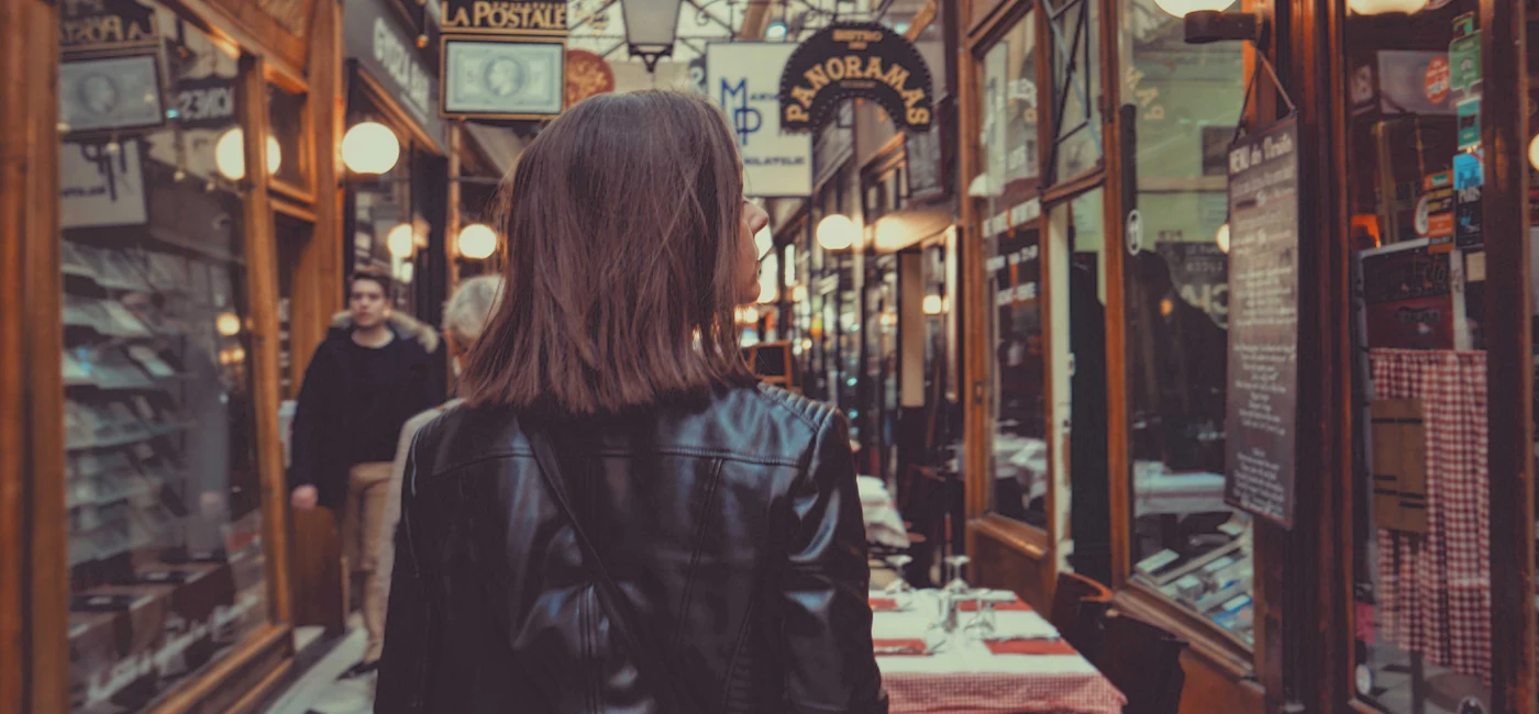 Paris arcade-style passageway atmosphere for a Da Vinci Code themed walking tour