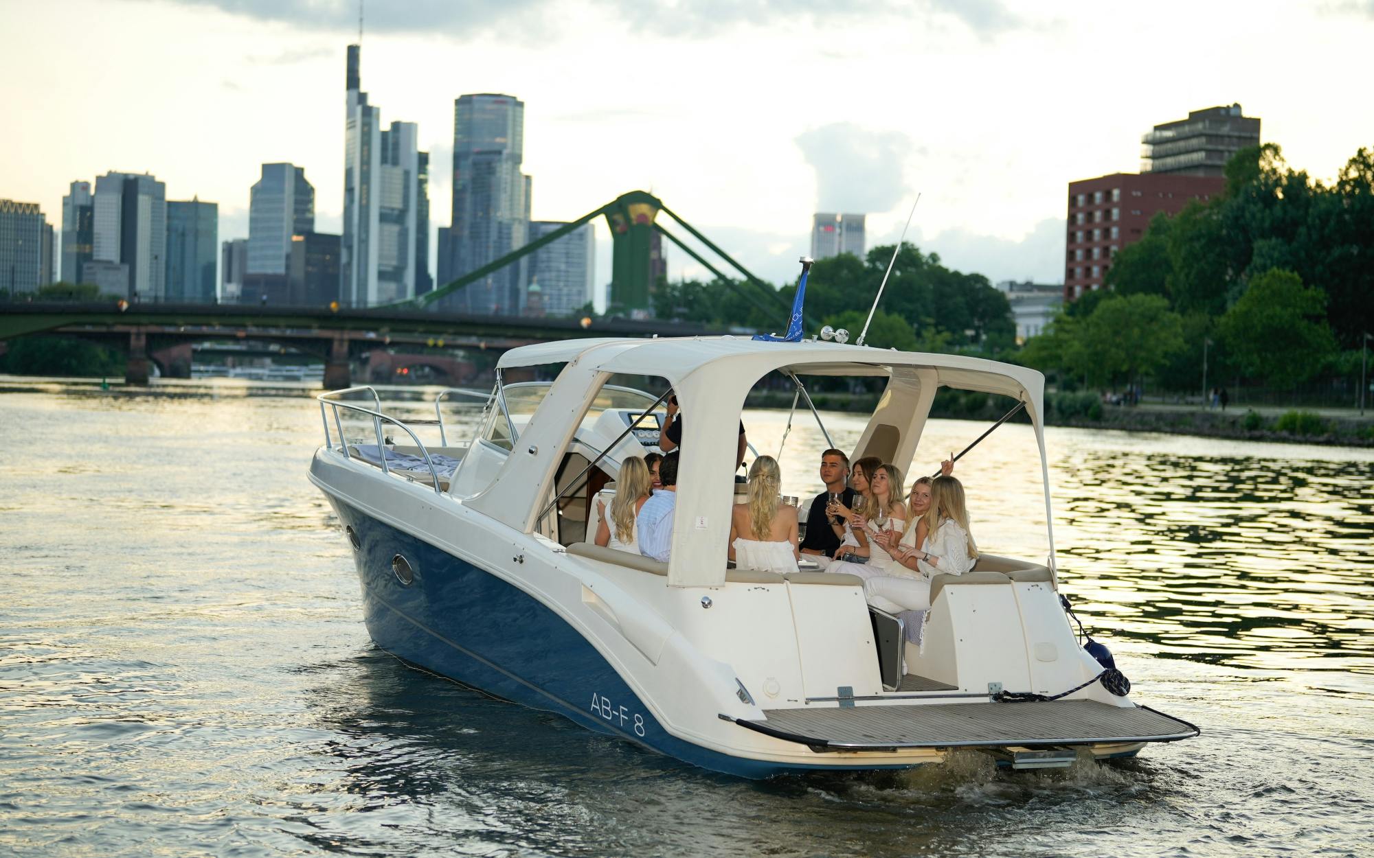 Private boat tour for up to 10 people in Frankfurt with skyline view