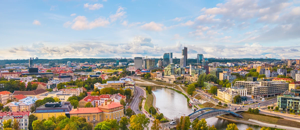 Vilnius cityscape view over the river and skyline on a photogenic highlights walking tour