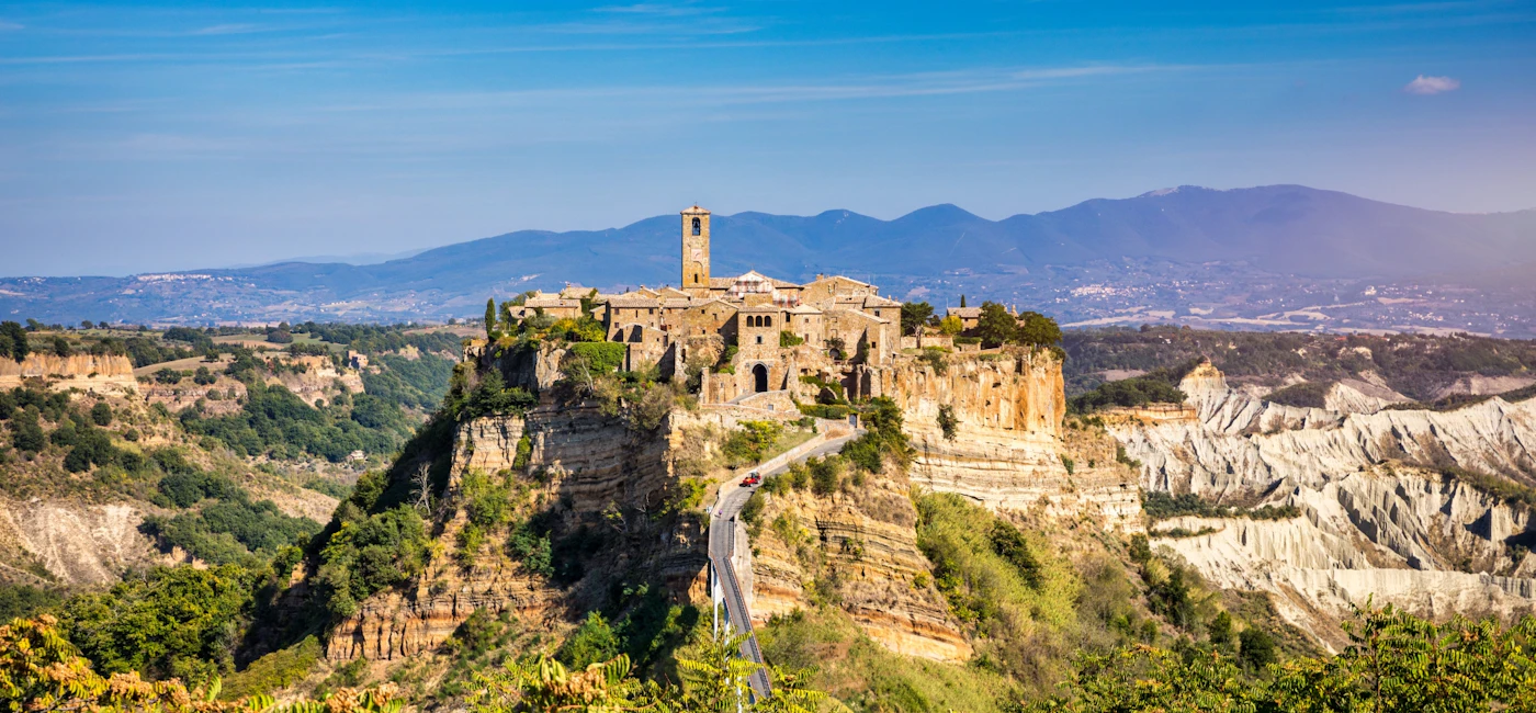 Civita di Bagnoregio perched on a tuff cliff, visited on an e-bike day tour from Rome via Orvieto
