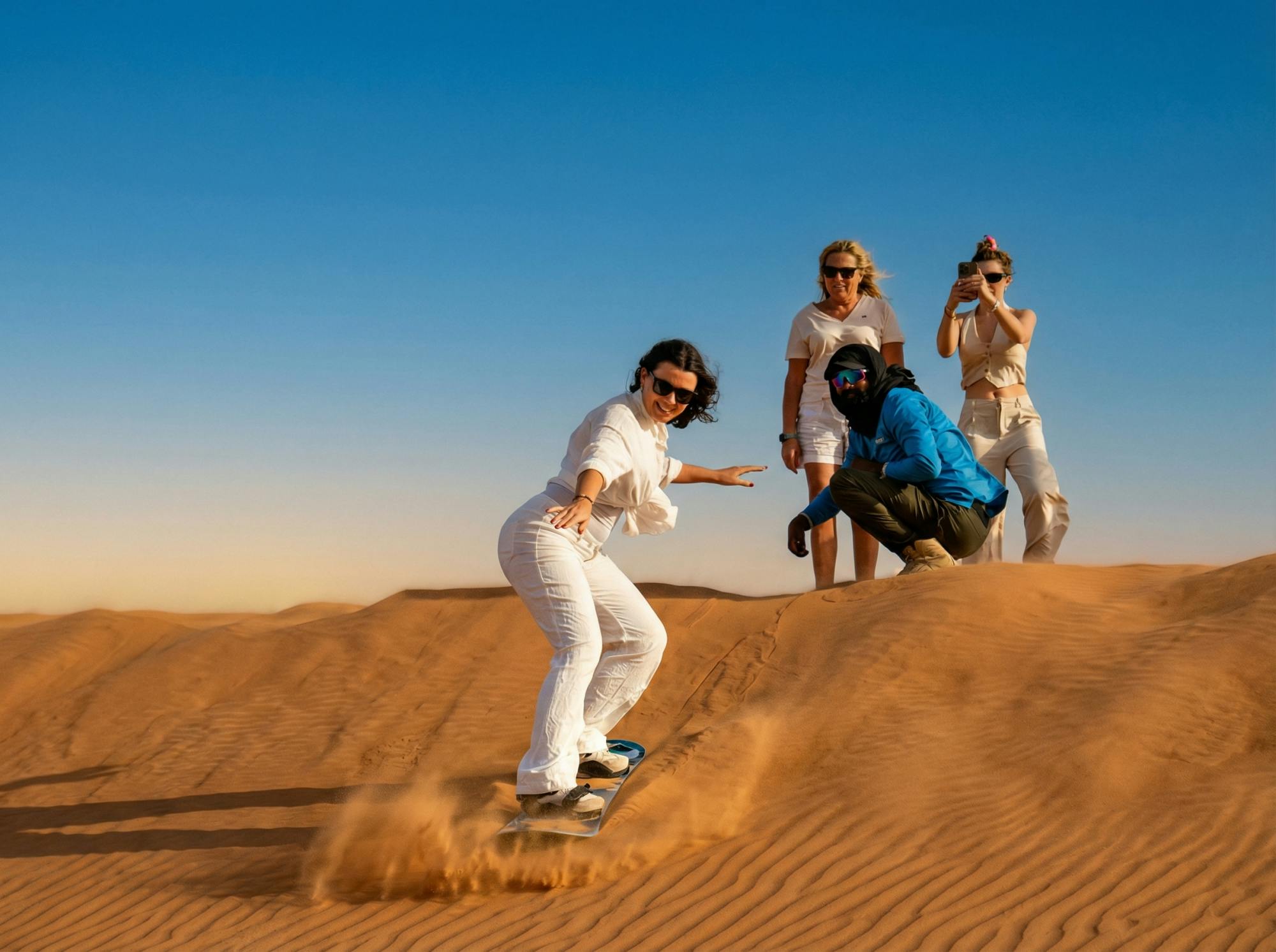 Zonsondergang sandboarden in de woestijn vanaf Agadir met diner