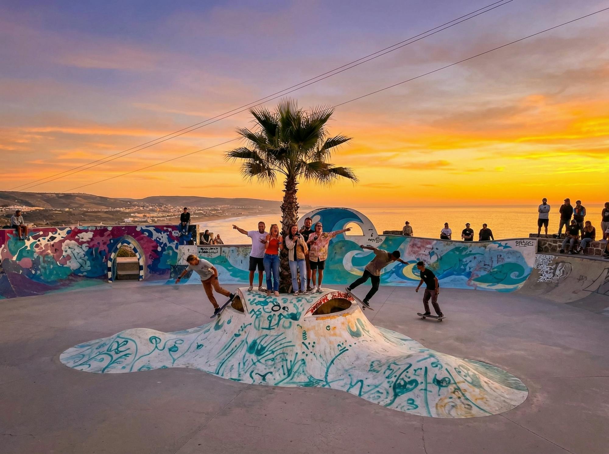 Vibrações de surfista e pôr do sol no parque de skate em Taghazout Village