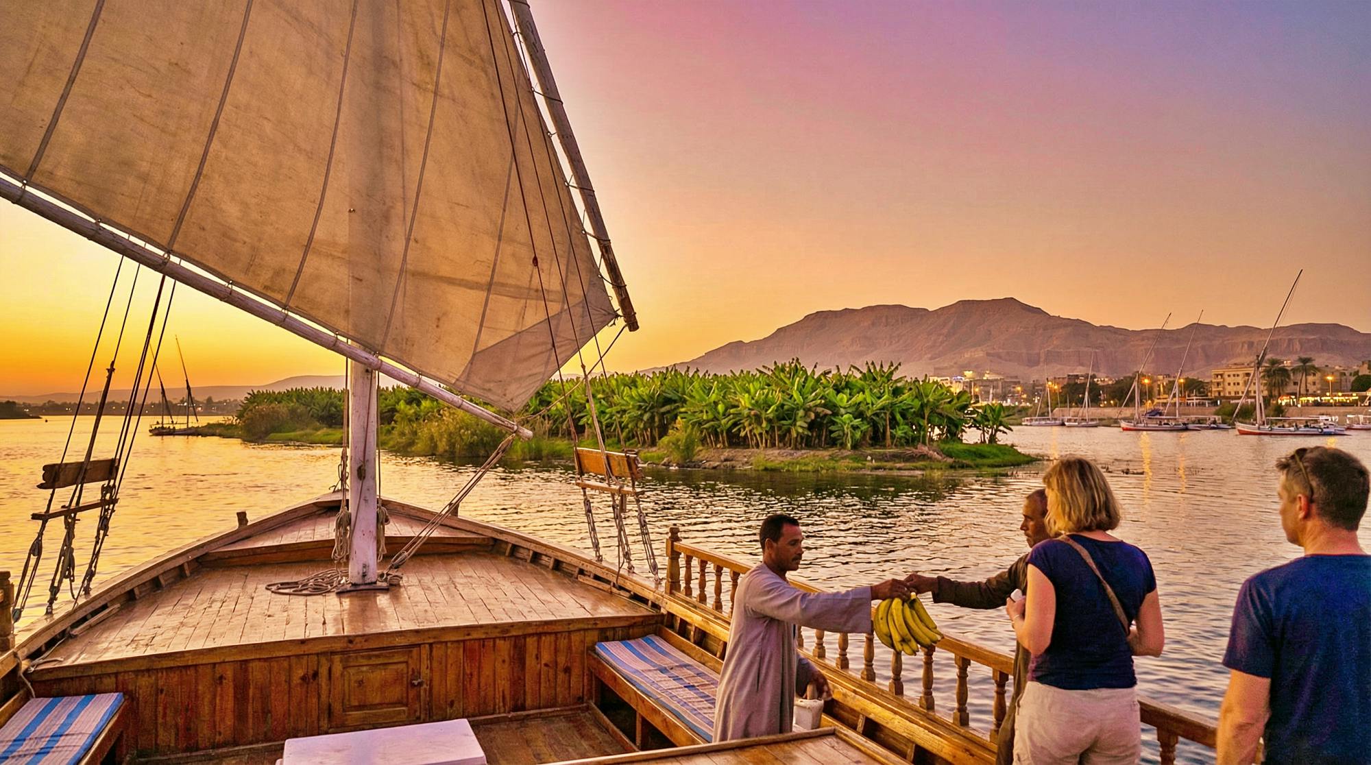 Sunset Banana Island Nile-Erlebnis an Bord einer Feluke von Luxor aus