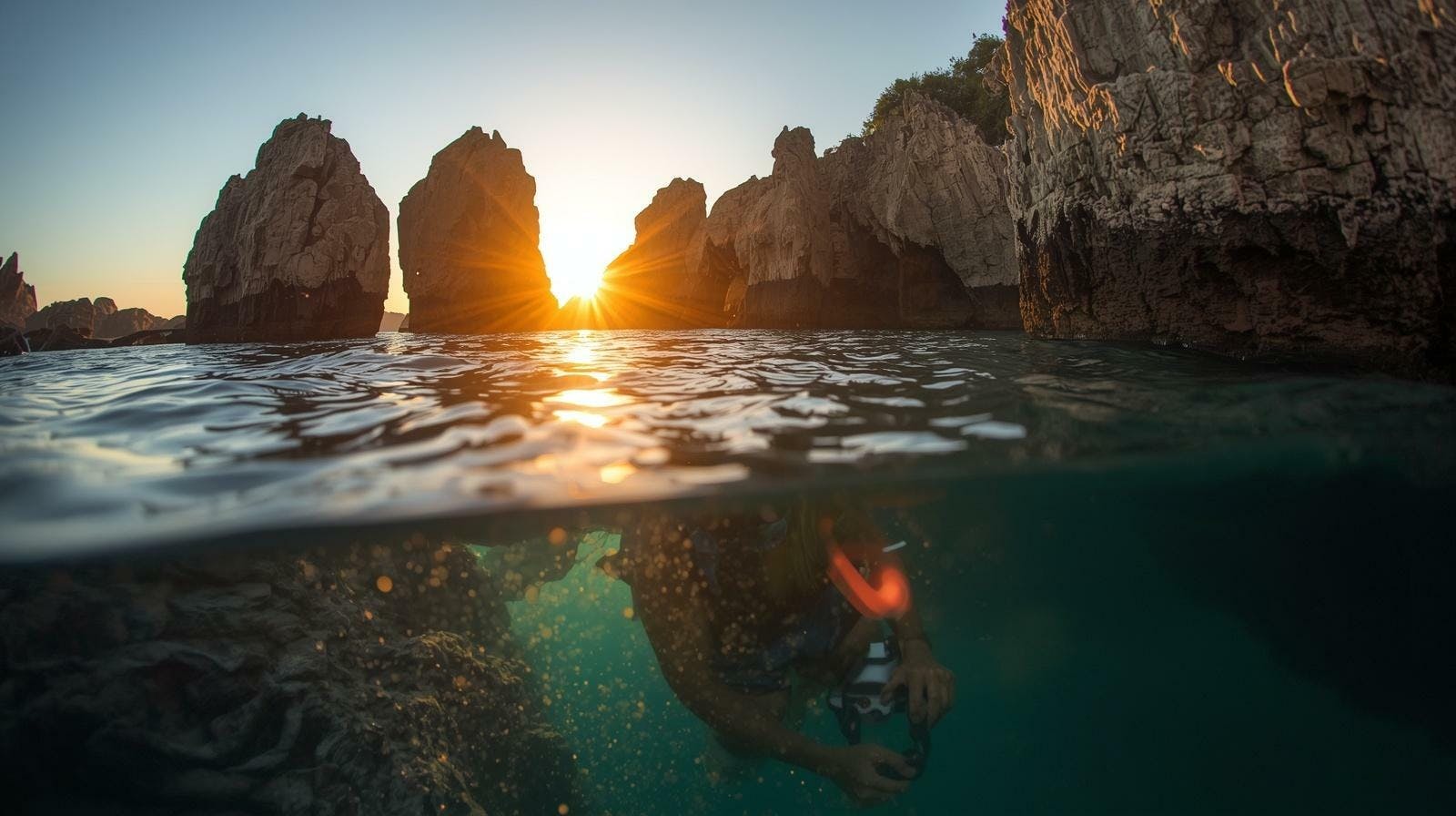 Snorkeling at sunset with aperitif