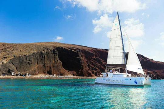 Santorini luxurious morning catamaran cruise with barbecue and drinks