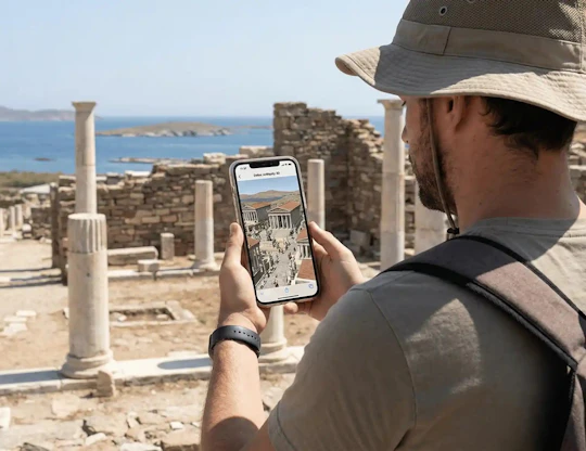 Sunset sailing to Rhenia with Delos self-guided virtual tour