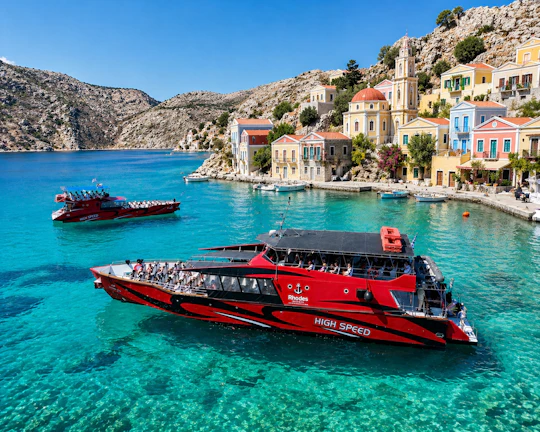 Chalki Island and Alimia Beach boat cruise from Rhodes