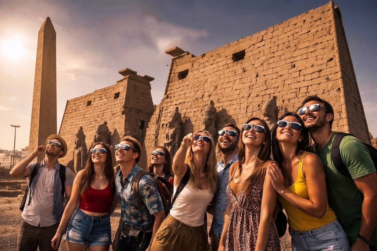 Het oude Luxor en de totale zonsverduistering van de eeuw vanaf Hurghada