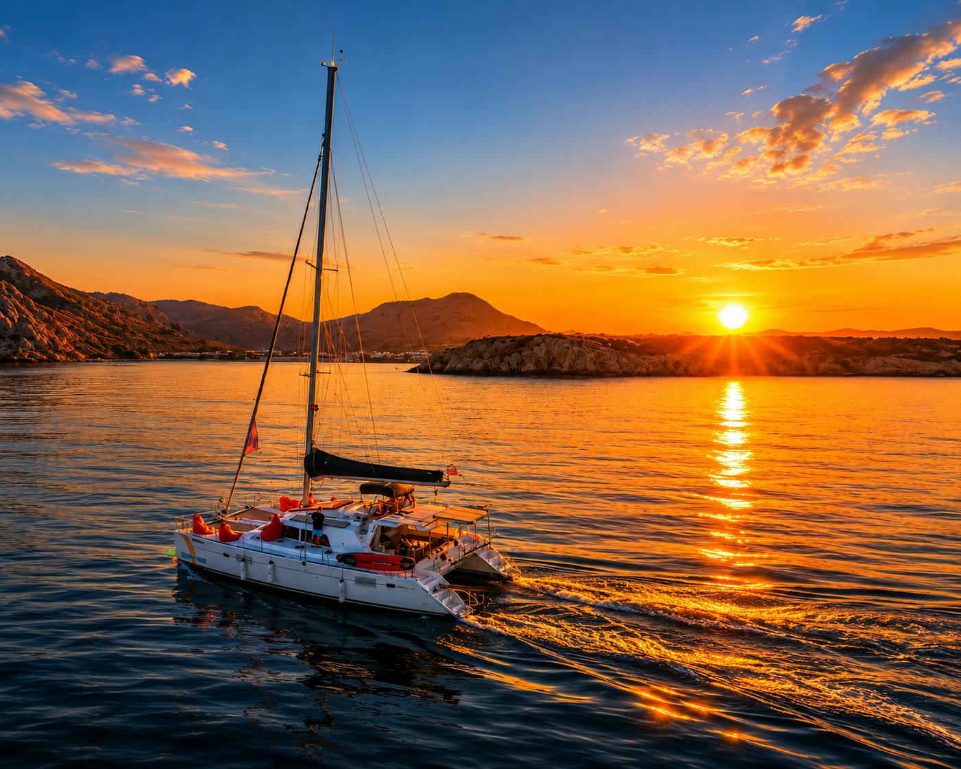 Kolymbia catamaran cruise bij zonsondergang met onbeperkt drankjes