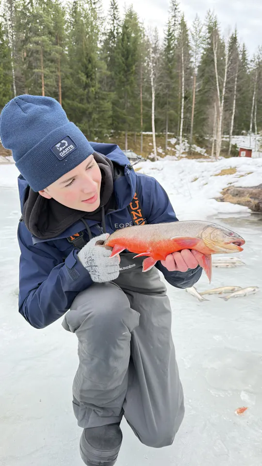 Ice fishing on frozen water with local guide