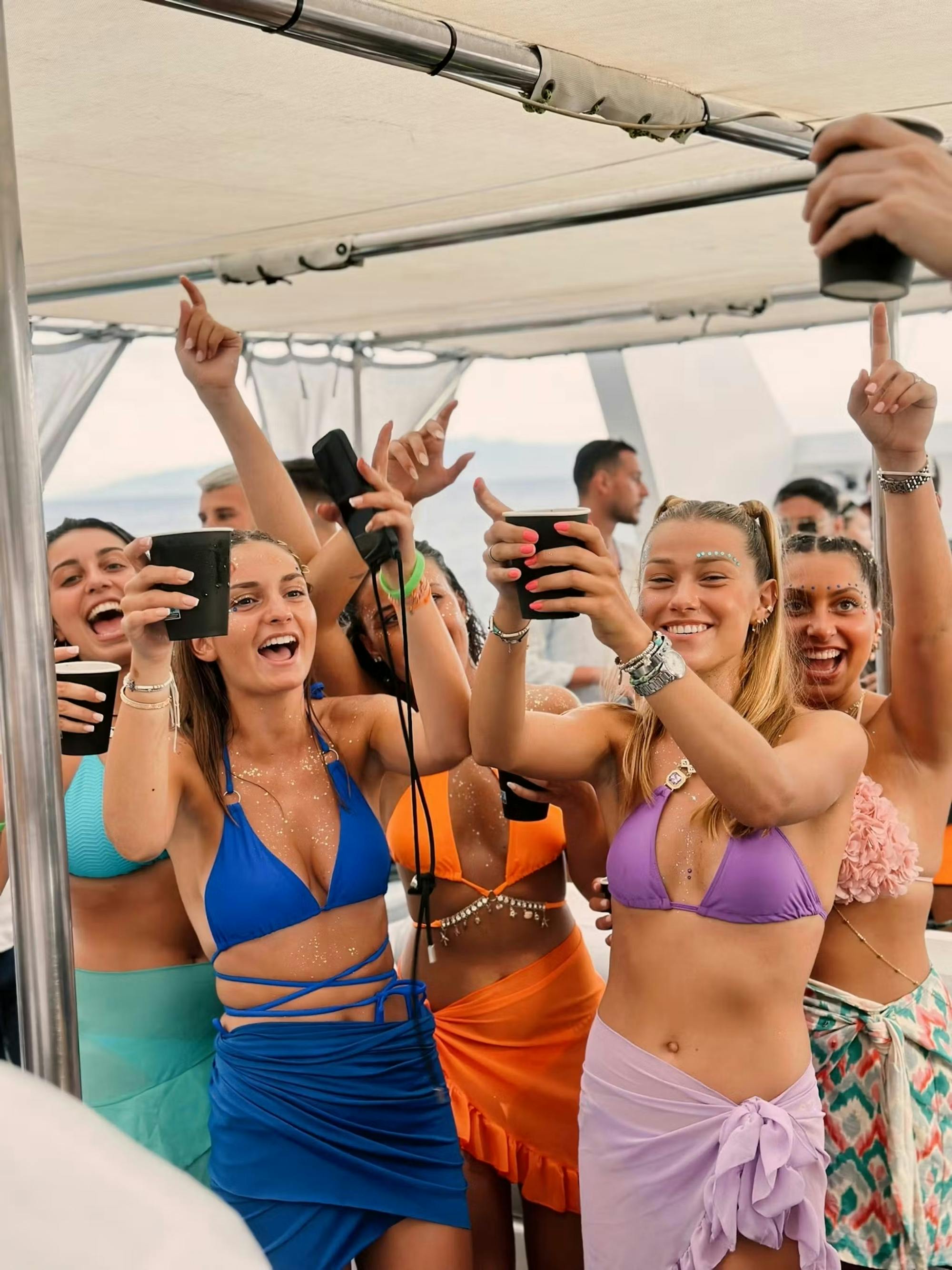 Mykonos coastline boat party with on-board DJ and open bar