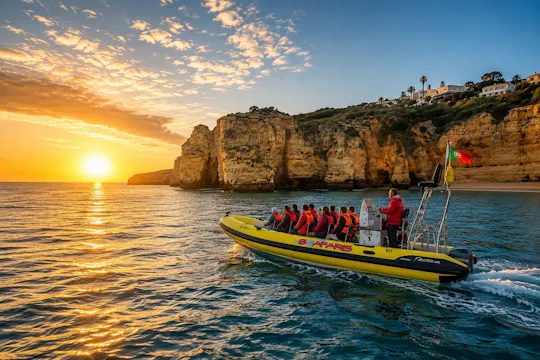 Passeio de barco ao nascer do sol à Gruta de Benagil a partir de Lagos