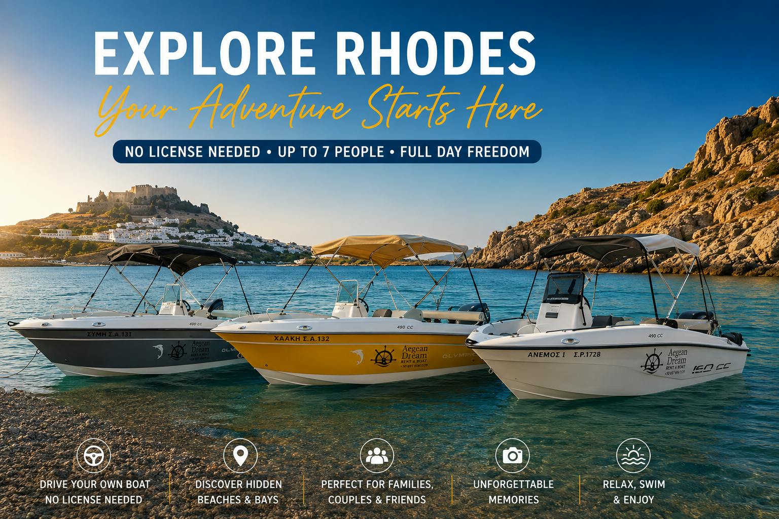 Location de bateaux sans skipper sur la côte de Rhodes, sans permis requis