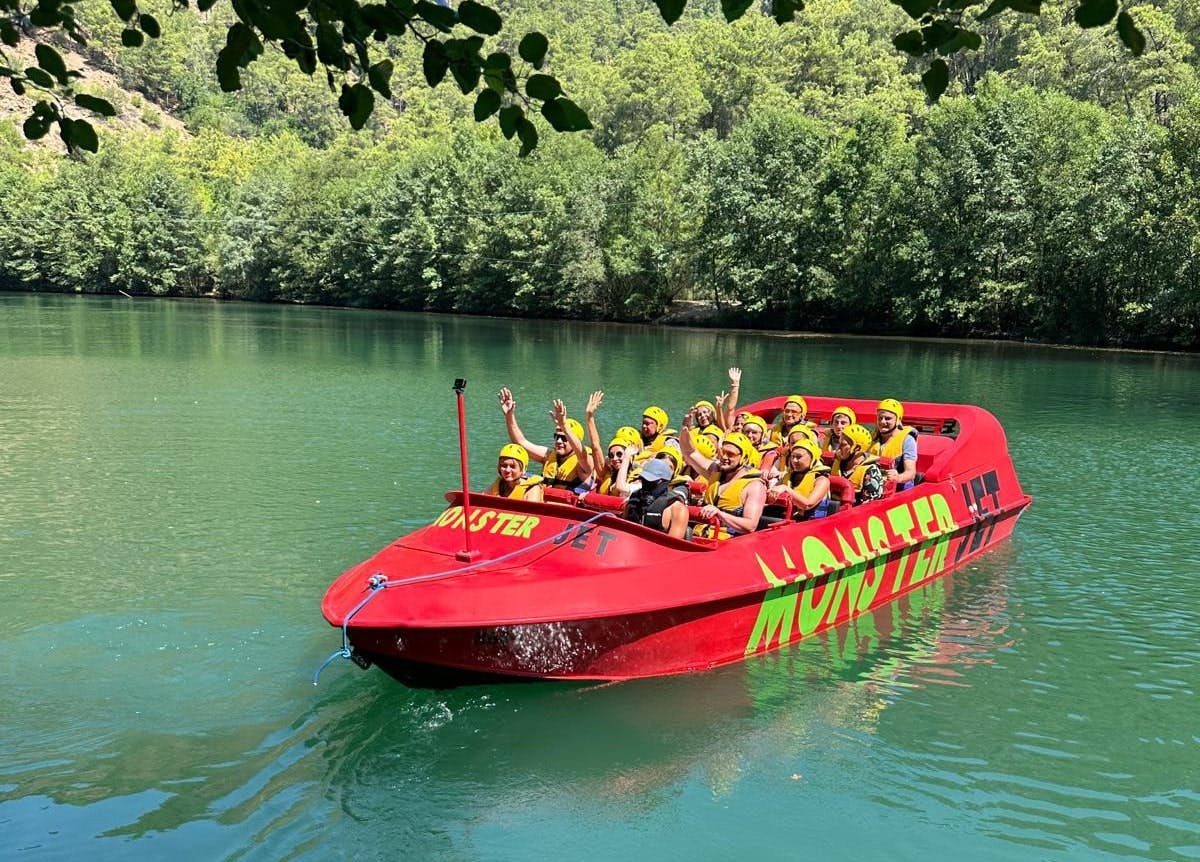 Monster buggy and truck, jet boat and zip-line tour with boat cruise and lunch
